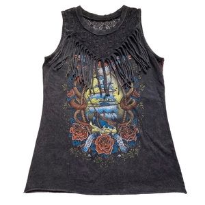 Affliction Inked Dead Man’s Chest Sleeveless Fringe Tee Small